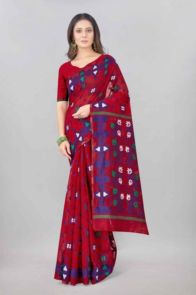 Red Woven Jamdani Cotton Silk Saree