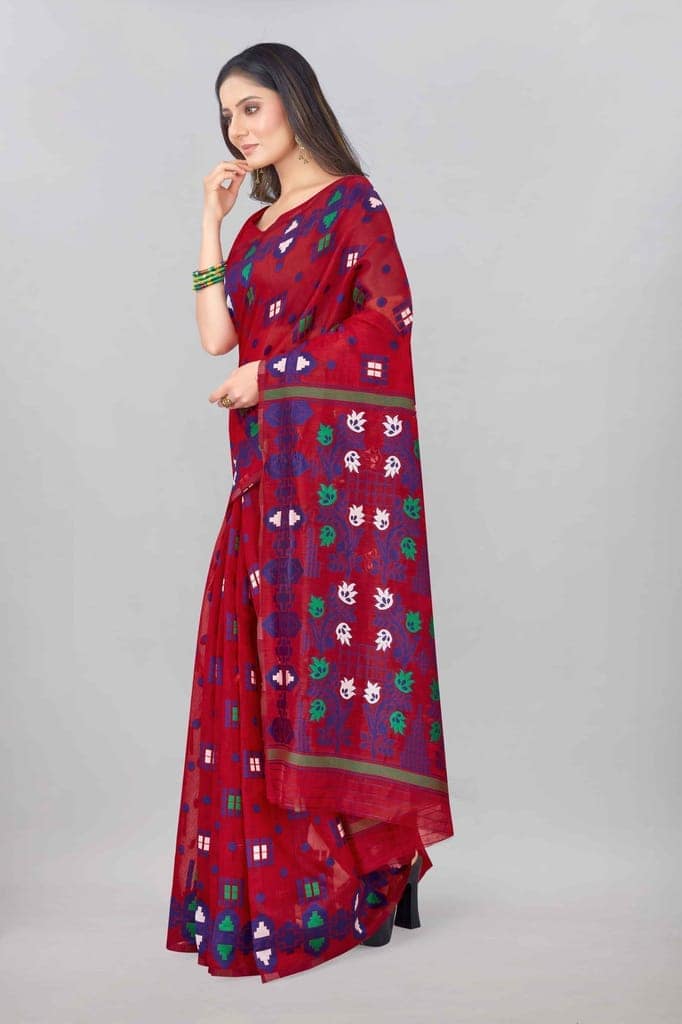 Red Woven Jamdani Cotton Silk Saree view 2