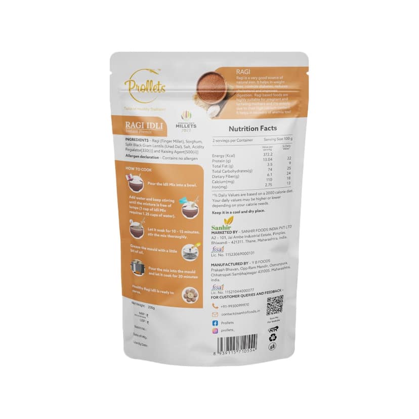 Prollets Ragi Idli Instant Premix (200g) | Finger Millet Steam Cake | Diabetic Friendly view 2