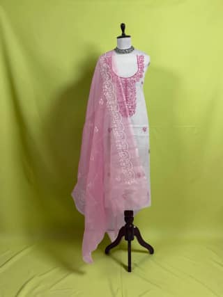 Handwoven Kota Doria Dress Material with Hand Embroidery, Magenta Pink