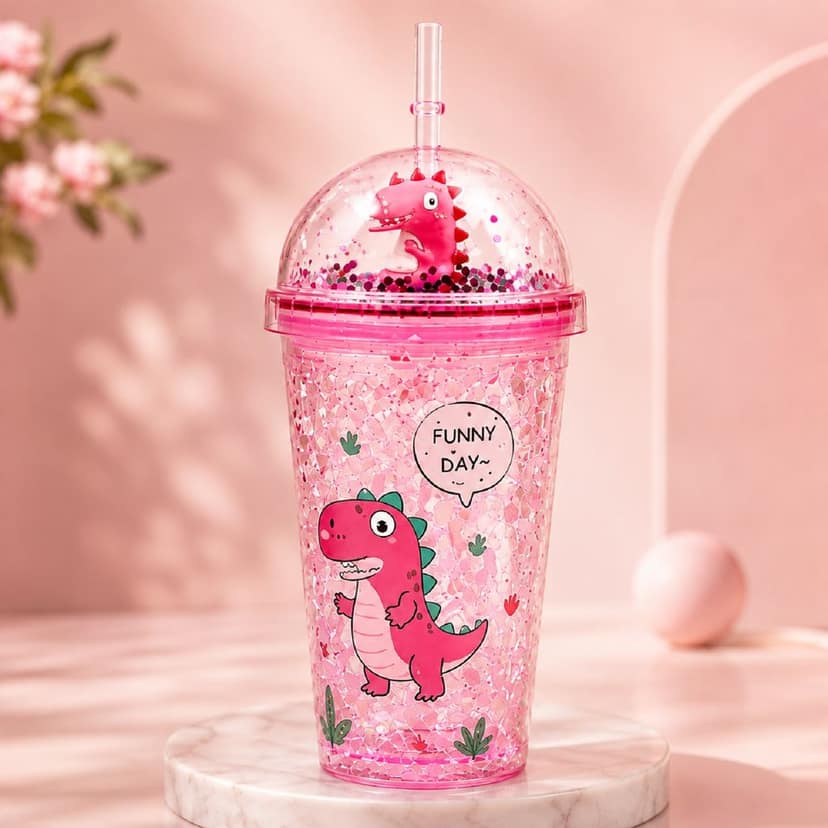 KTRS Enterprise 450ML Kids Glitter Tumbler with Straw & Dome Lid | Blue Dinosaur Reusable Sipper Cup | BPA Free Double Wall Ice Crystal Cup | Leakproof Drinking Bottle for Boys & Girls | School view 2