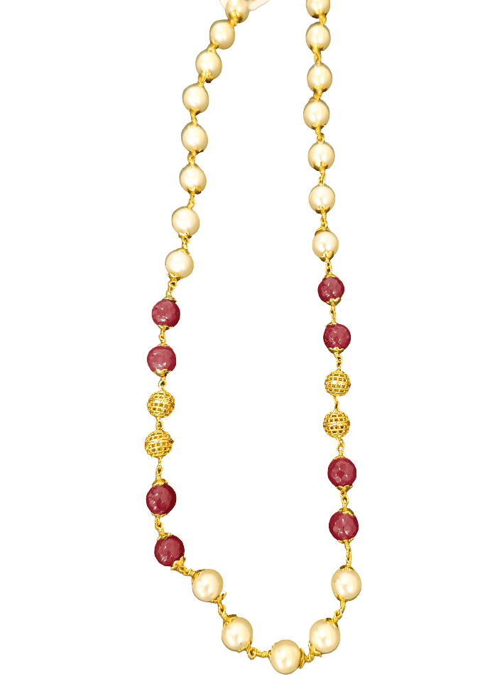 Traditional Gold Tone Pearl & Maroon Beaded Long Necklace view 2