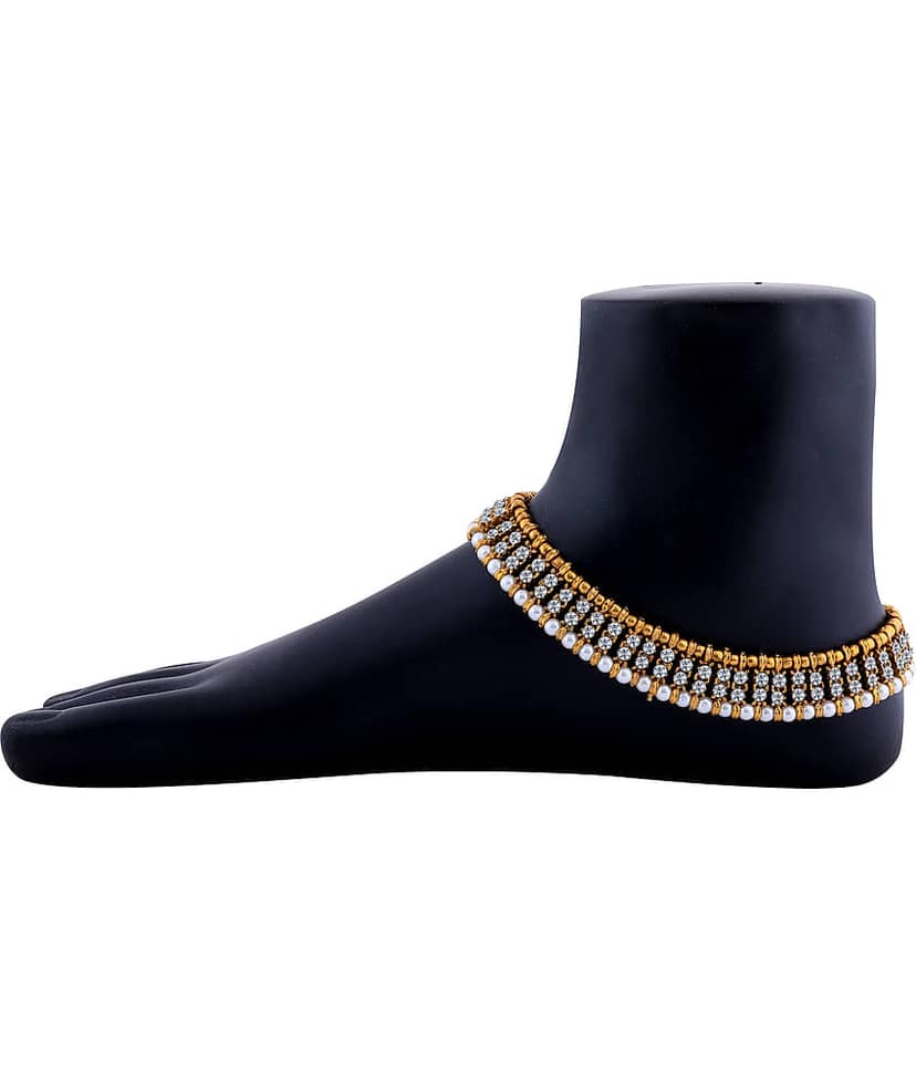SILVER SHINE Traditional Golden White Diamond And Pearl Anklet For Women And Girl.