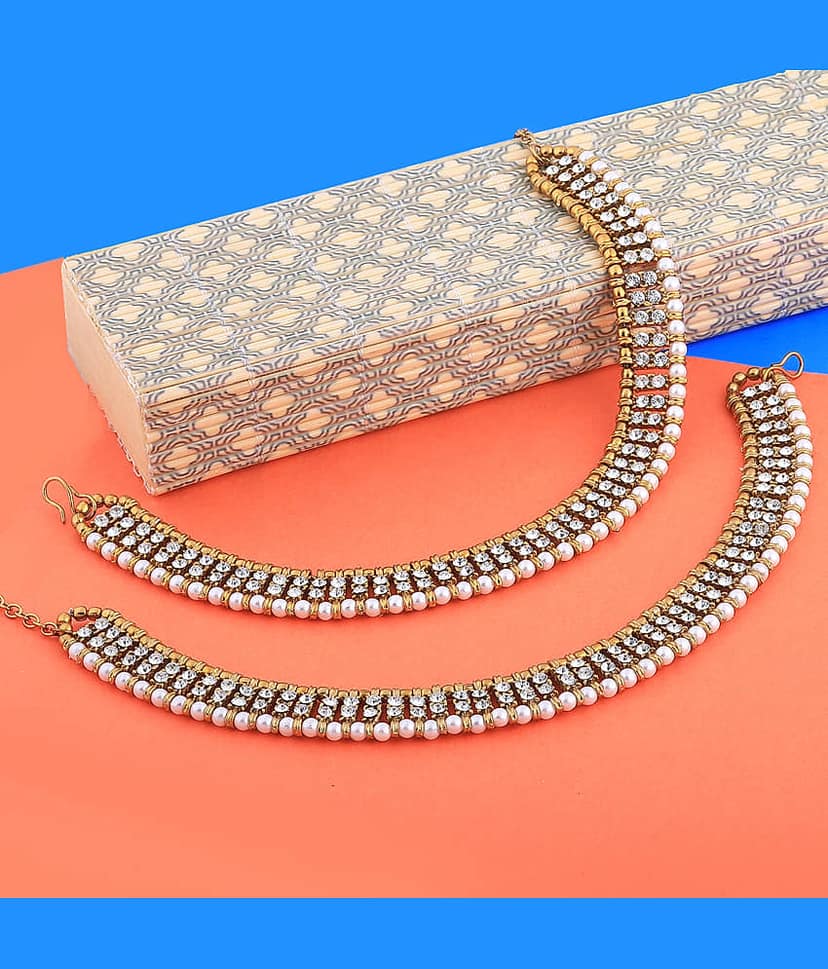 SILVER SHINE Traditional Golden White Diamond And Pearl Anklet For Women And Girl. view 2