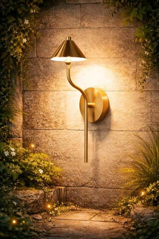 SPARKWORLD Modern Brass Finish Wall Light with Curved Arm & Conical Shade | Decorative Wall Sconce for Bedroom, Living Room, Corridor | Colour: Modern Brass Curved (Golden)