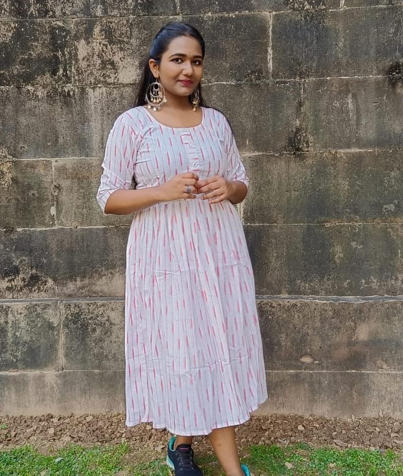 Pure Cotton Ikkat Dress White Colour (Size XXS(32) to Plus Size(56))-7723 view 4