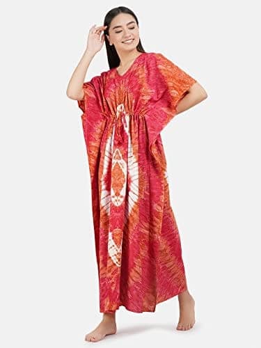 KOI SLEEPWEAR Women's Tie and Dye Print Full Length Cotton Orange and Pink Kaftan (Free Size) view 2