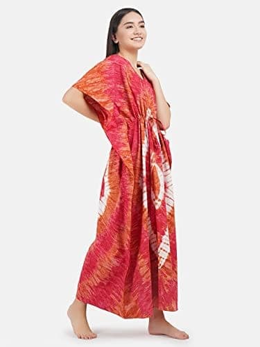 KOI SLEEPWEAR Women's Tie and Dye Print Full Length Cotton Orange and Pink Kaftan (Free Size) view 3