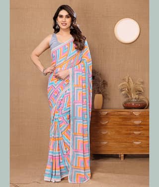 BLEESBURY Georgette Printed Saree With Unstitched Blouse Piece ( Orange )