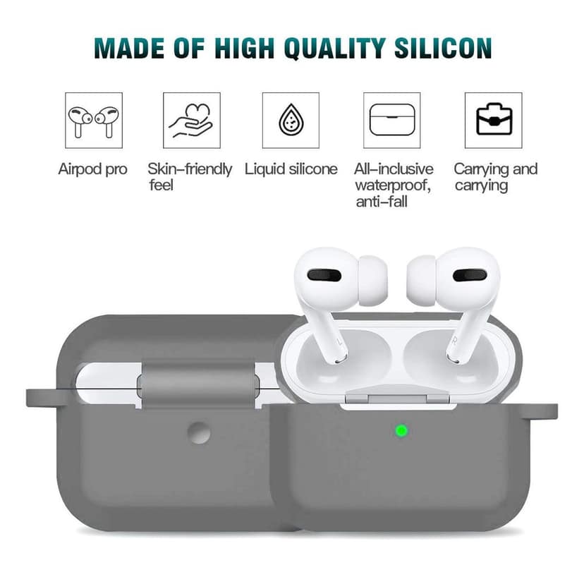 LIRAMARK Silicone Soft Case Cover with Buckle for Airpods Pro (2019), AirPods Pro 1st Generation (Grey) view 3