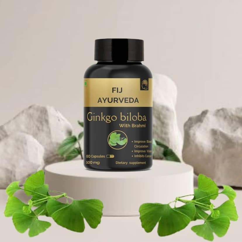 FIJ AYURVEDA Ginkgo Biloba with Bramhi Extract Supports Memory & Focus for Men & Women - 500mg 60 Capsules view 2
