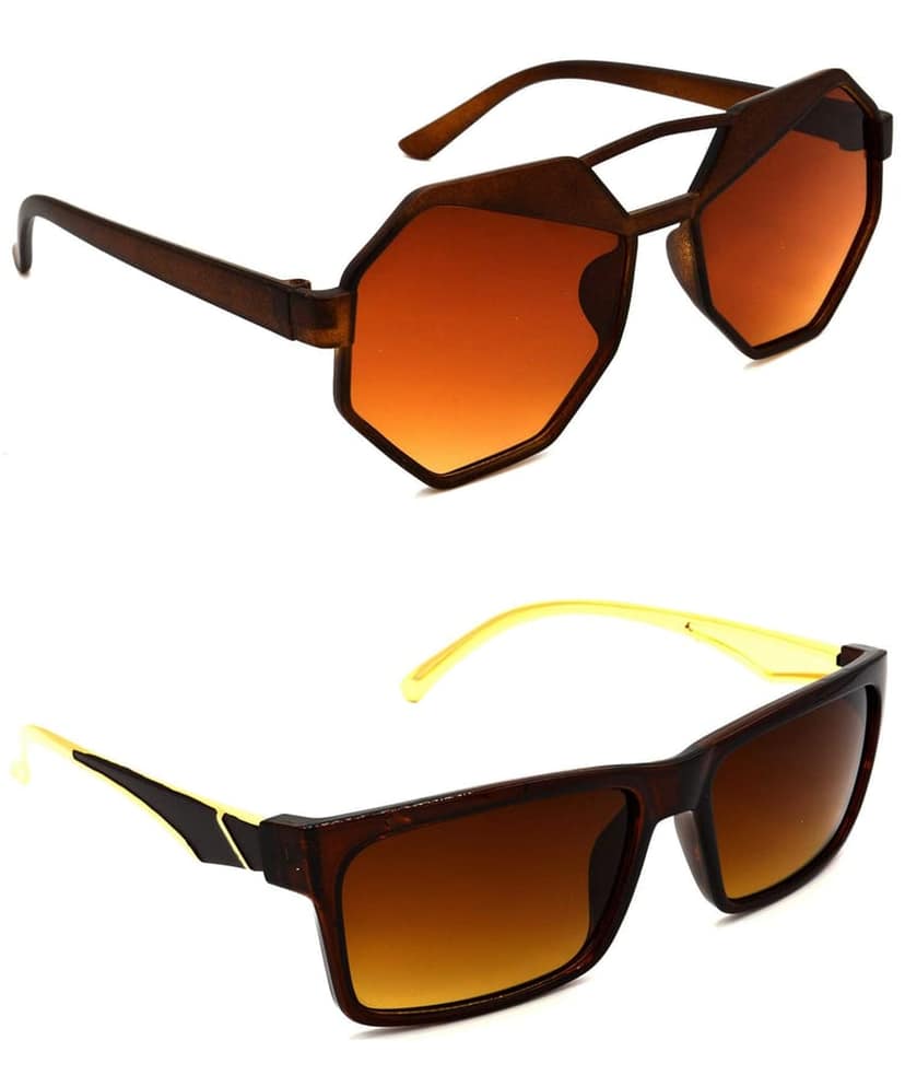HRINKAR Unisex Round Sunglasses Brown & Golden Frame, Brown Lens (Medium) - Pack of 2