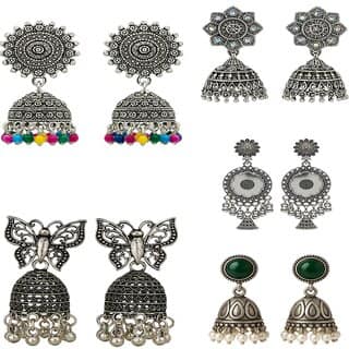 Oxidised Silver Jhumka Earrings Combo - Ethnic Boho Style for Women