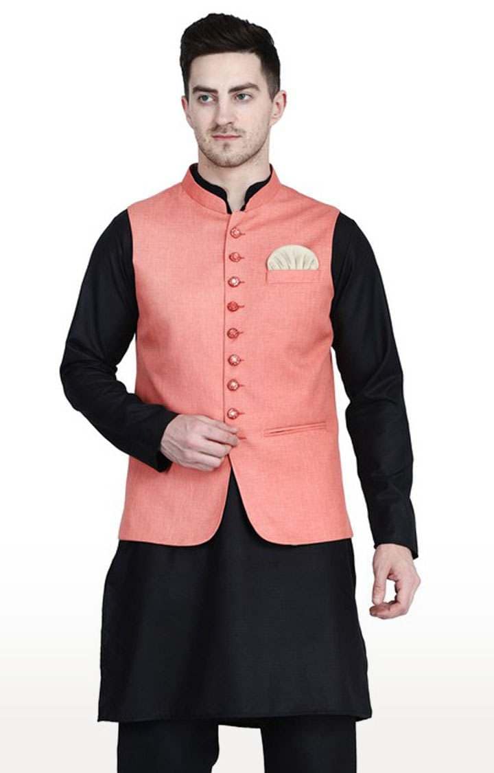 Tahvo Peach Nehru Jacket with Hanky