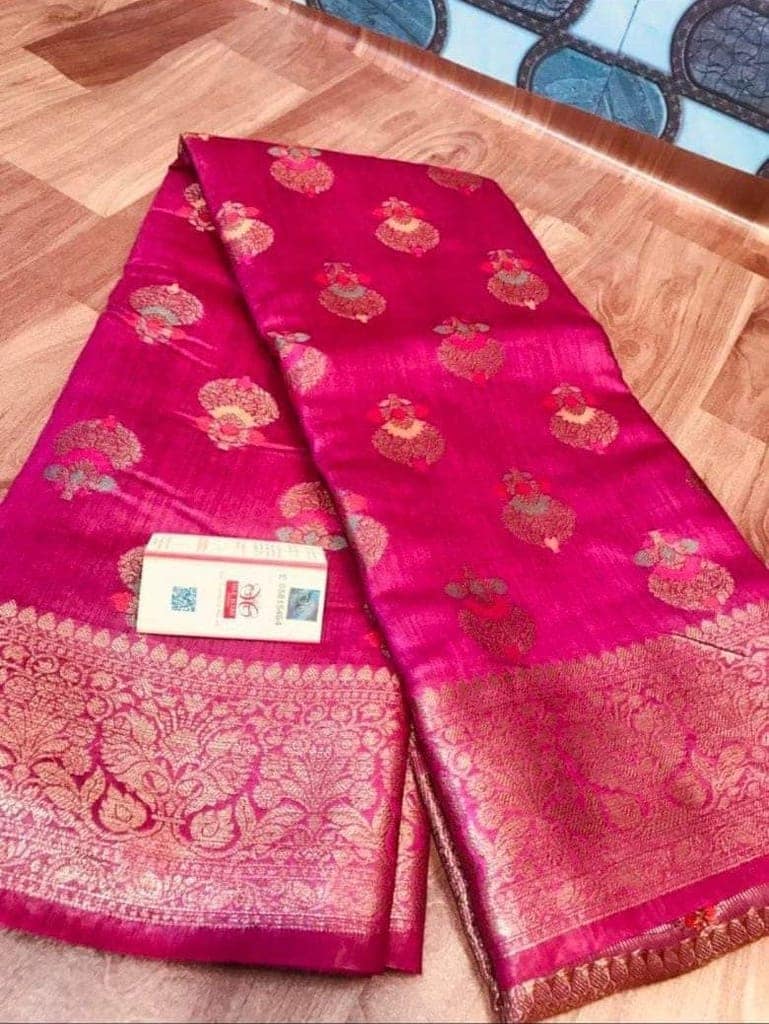 Silkmark Certified Tussar Moonga Banarasi Silk Saree Raspberry Pink Color with running blouse-4828