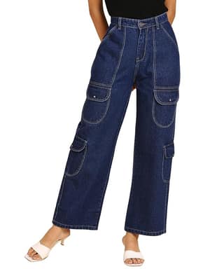 Glossia Fashion Women High Waist Baggy Wide Leg Straight Fit Cargo Jeans - Dark Blue, 32