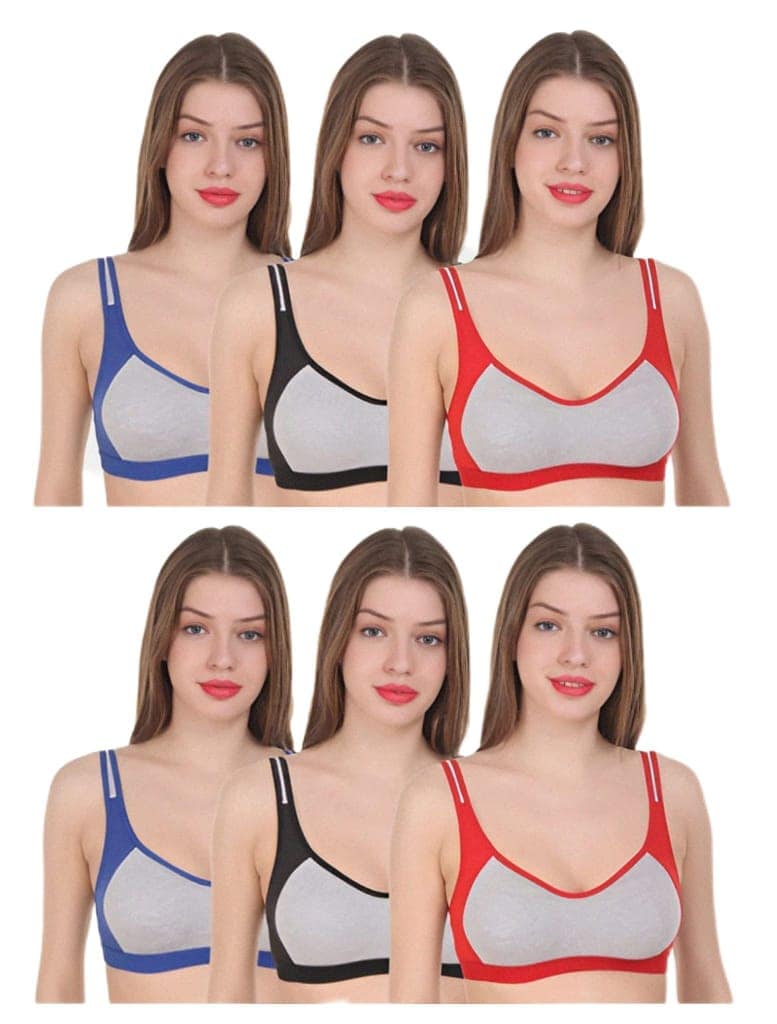 FASHION BONES Combo Pack of 6 Sports Non Padded Wire Free Bra Yoga Gym Stretch Workout Cotton Bra for Women & Girls