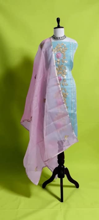 Handwoven Kota Doria Dress Material in Rose with Hand Embroidery