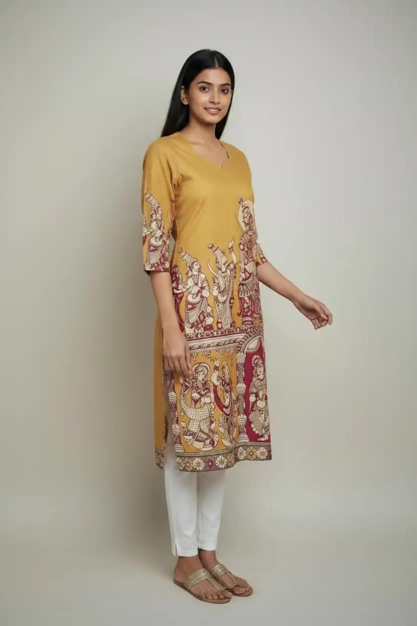 Mustard Pedana Kalamkari Cotton Kurti with Printed Vine Border view 2