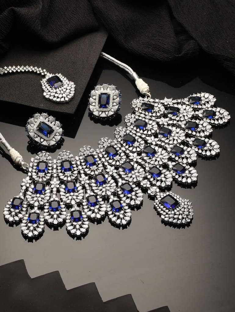 Silver Plated Blue AD Studded Kiara Advani Inspired Choker Jewellery Set view 2