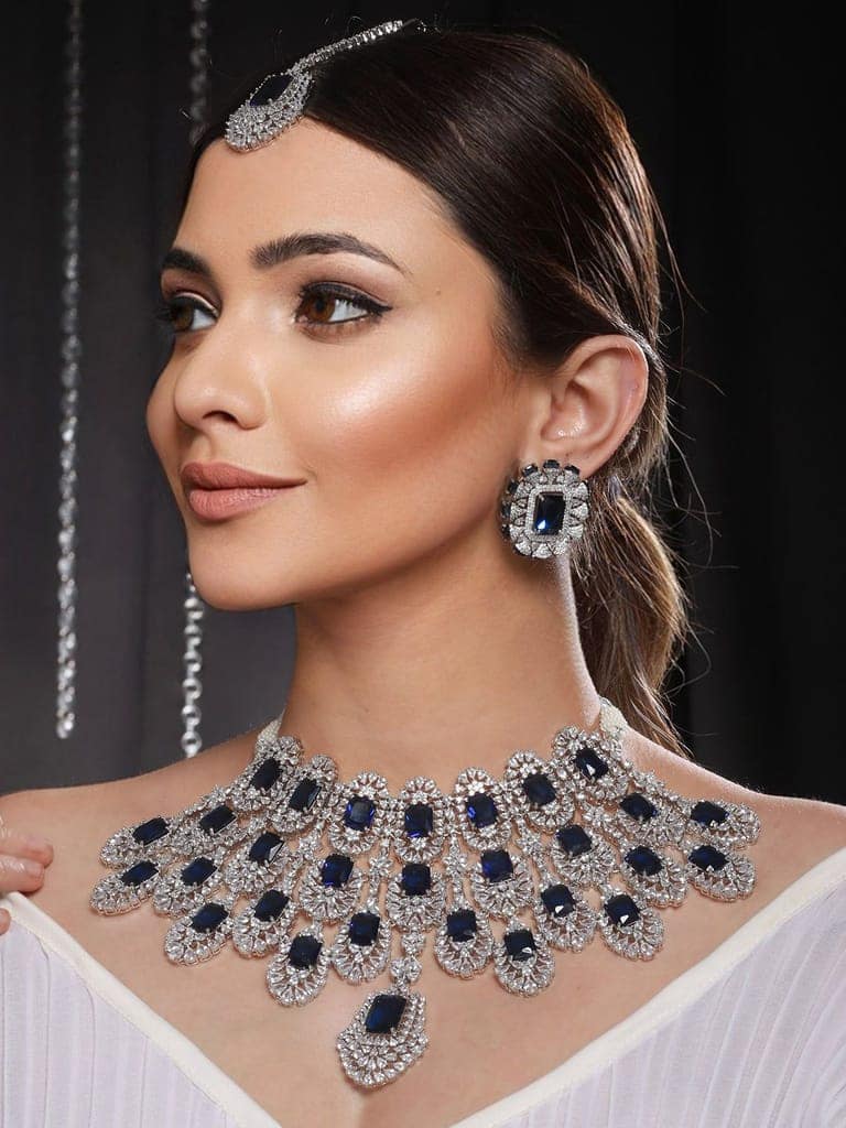 Silver Plated Blue AD Studded Kiara Advani Inspired Choker Jewellery Set view 3