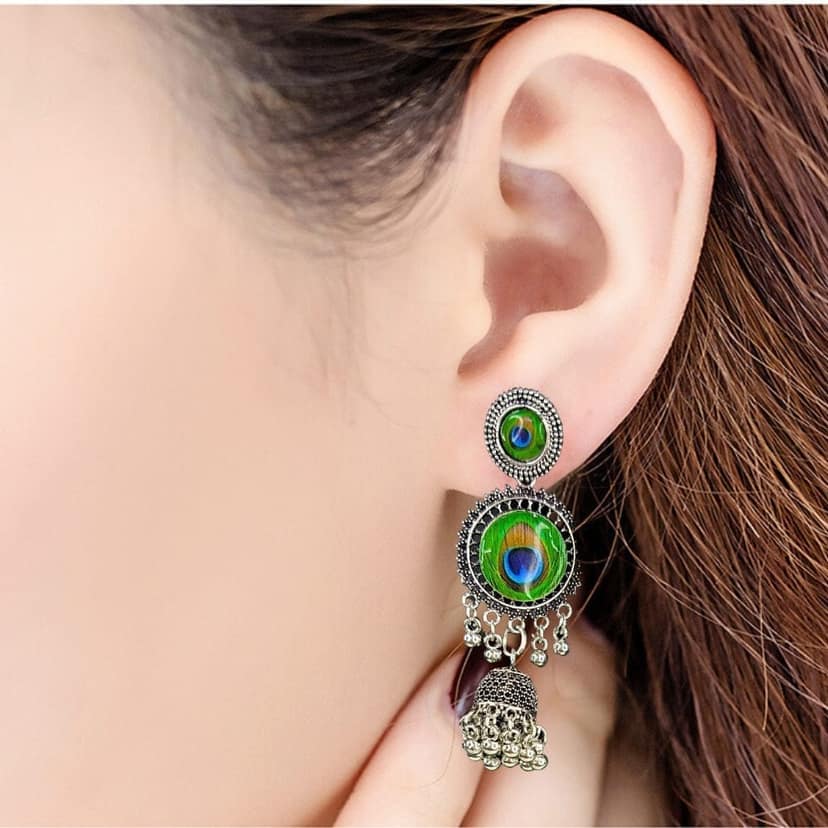 Jewelryklub Oxidised Silver Jhumka Earrings For Girls And Women Peacock Design view 2