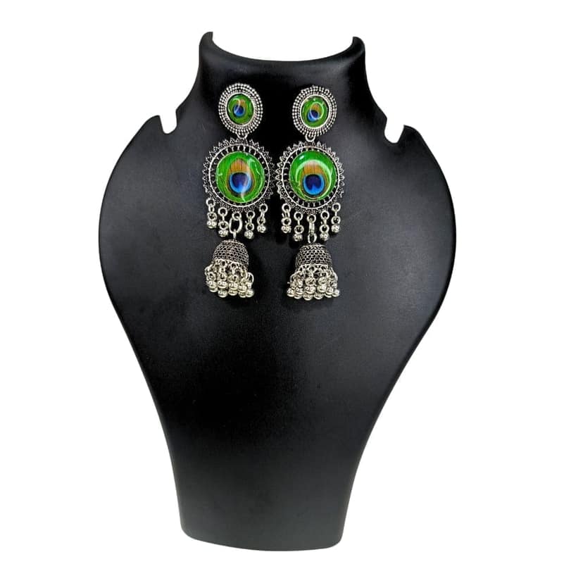 Jewelryklub Oxidised Silver Jhumka Earrings For Girls And Women Peacock Design view 4