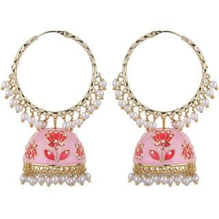 Lotus Jhumki Brass Bali Copper Material Drop Hook Earrings for Women's Fashion Jewelry Earrings Loop Gold Pink