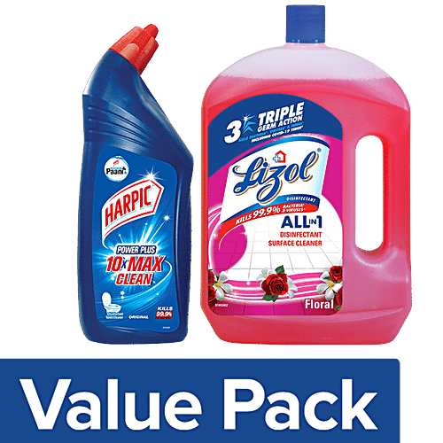 bb Combo Harpic Toilet Cleaner Liquid, Original 1 L + Lizol Floor & Surface Cleaner Liquid, Floral 2 L, Combo 2 Items