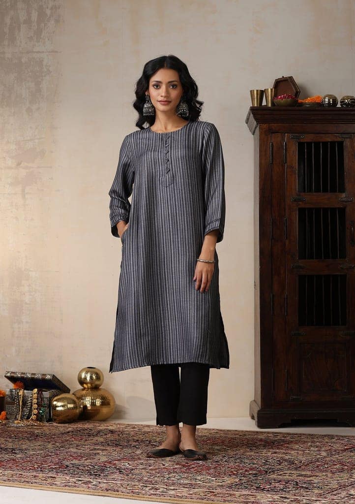 HOC Crafts Pashmina Printed Women's Long Kurta - Grey