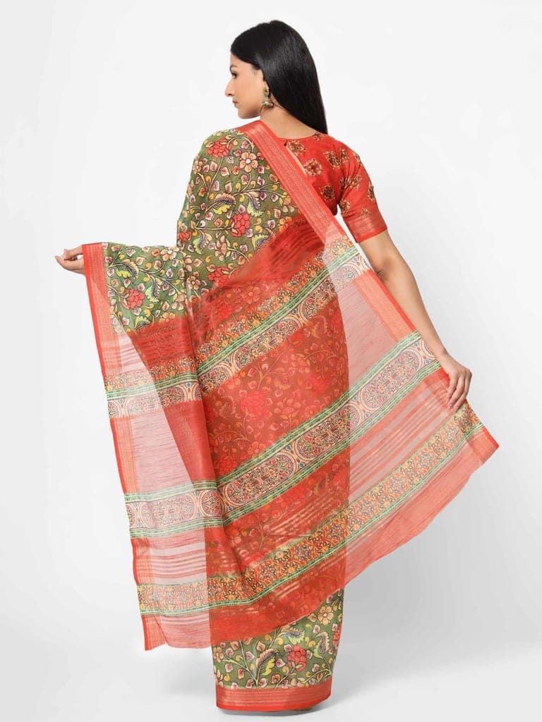 Women's Linen Floral Print Multicolor Saree view 2