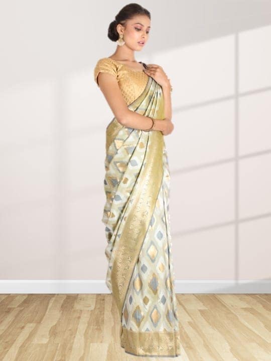 Beige Taffeta Silk Saree view 3
