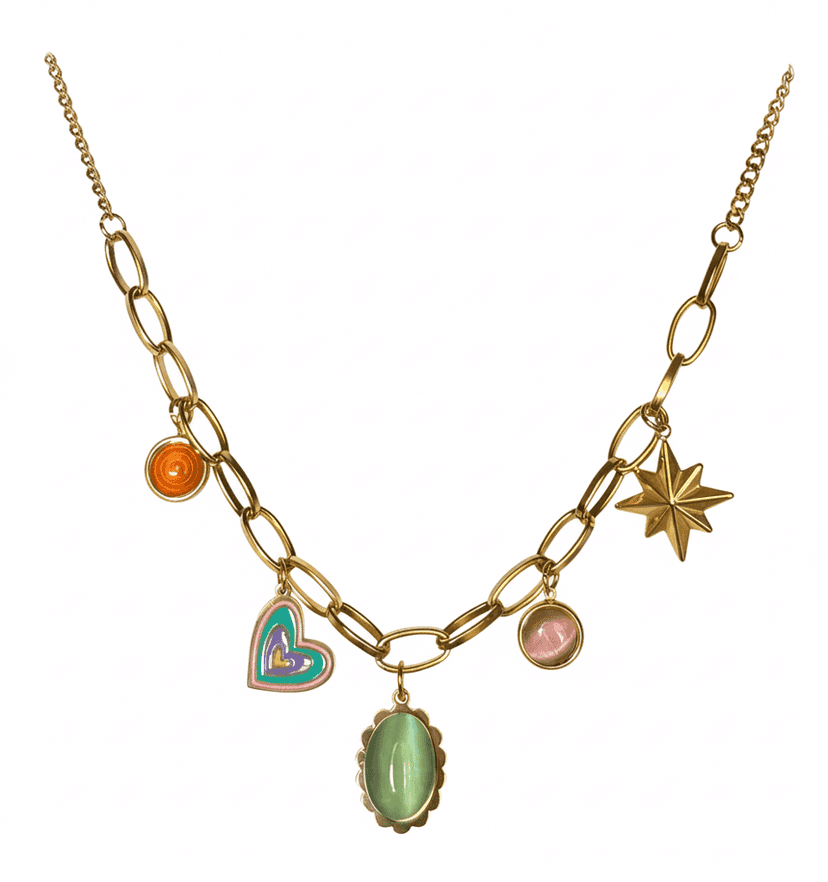 Gold Plated Multi-Charm Choker Necklace with Heart, Star & Gemstone Pendants