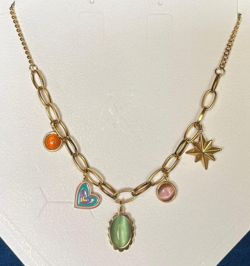 Gold Plated Multi-Charm Choker Necklace with Heart, Star & Gemstone Pendants view 2