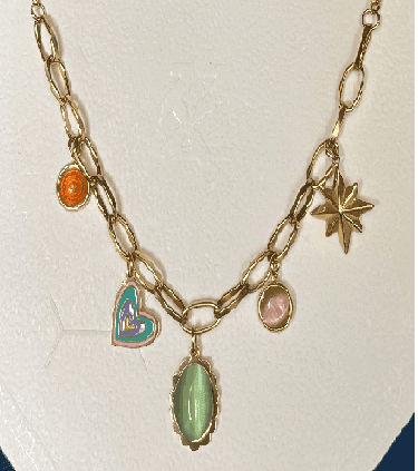 Gold Plated Multi-Charm Choker Necklace with Heart, Star & Gemstone Pendants view 3