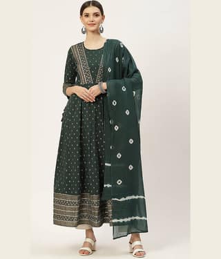 Kbz - Green Cotton Women's Flared Kurti with Dupatta ( Pack of 1 )