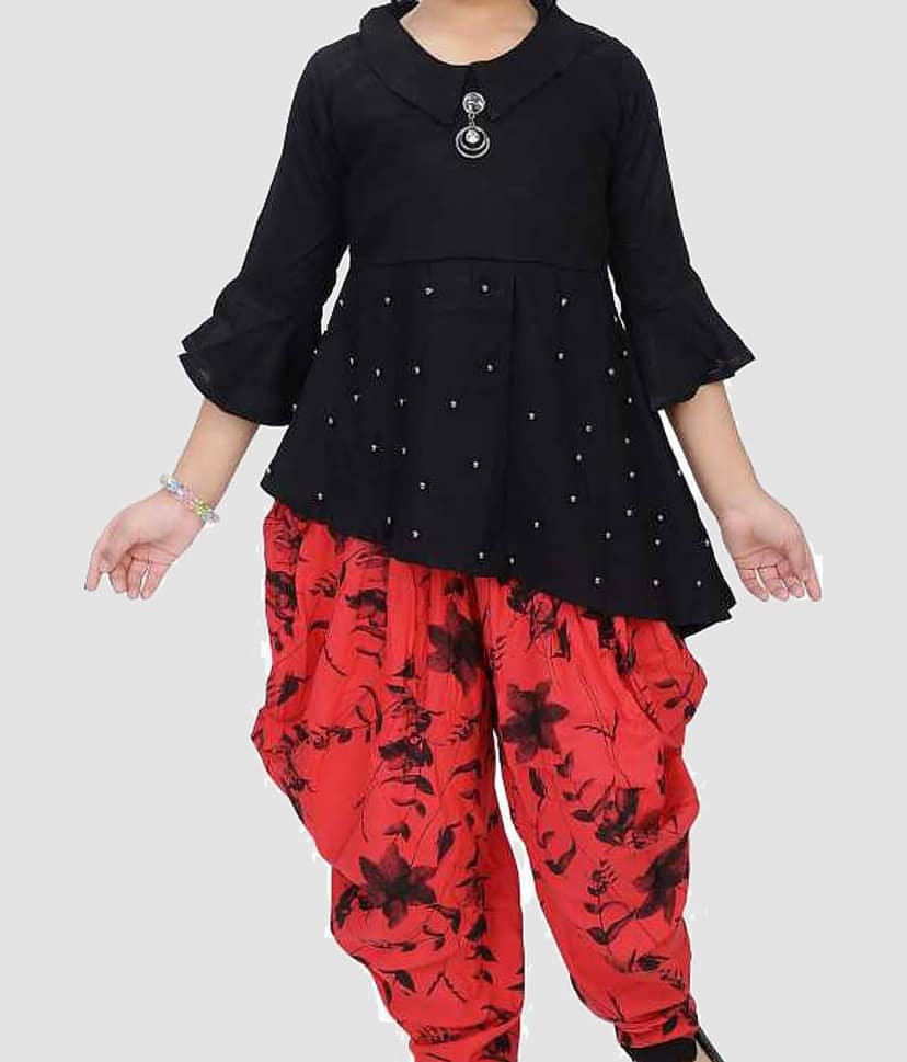 9stiches - Red Rayon Girls Top With Dhoti ( Pack of 1 ) view 2
