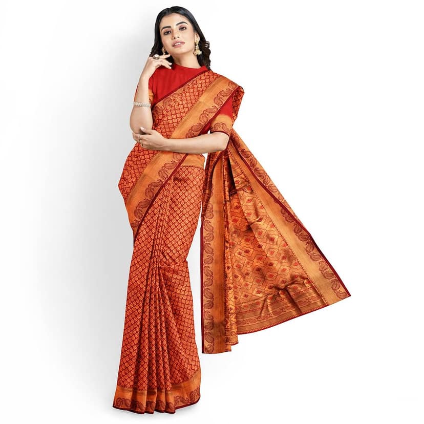 Dark Red Color Double Shaded Zari Woven Saree with Unstitched Blouse view 2