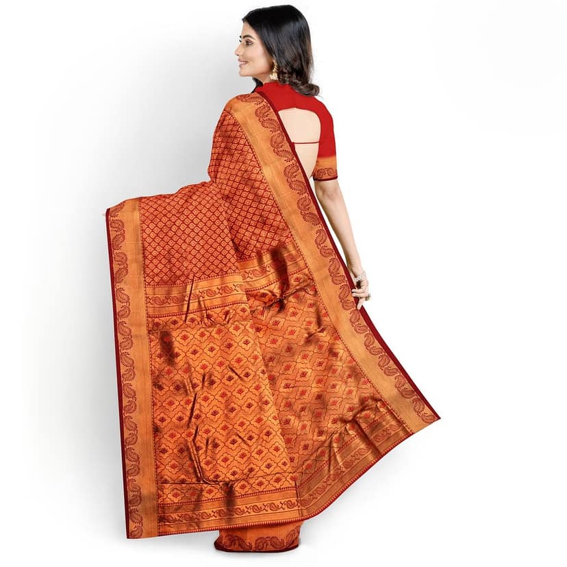 Dark Red Color Double Shaded Zari Woven Saree with Unstitched Blouse view 3