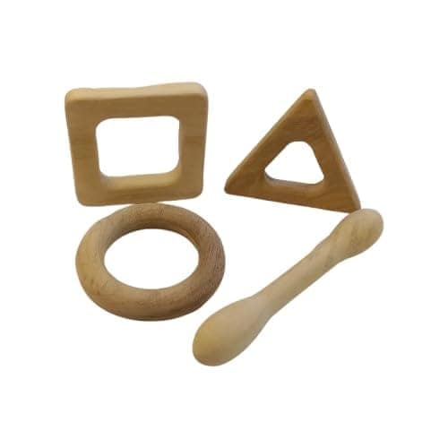 Neemtoys Pack of 2 Neem Wooden Teethers for Babies of Age 0 to 3 Years | Dumbbell, Ring, Square & Triangle with Multiple Textured Surface Shapes Teether, Teething Toy for Kids (Brown)