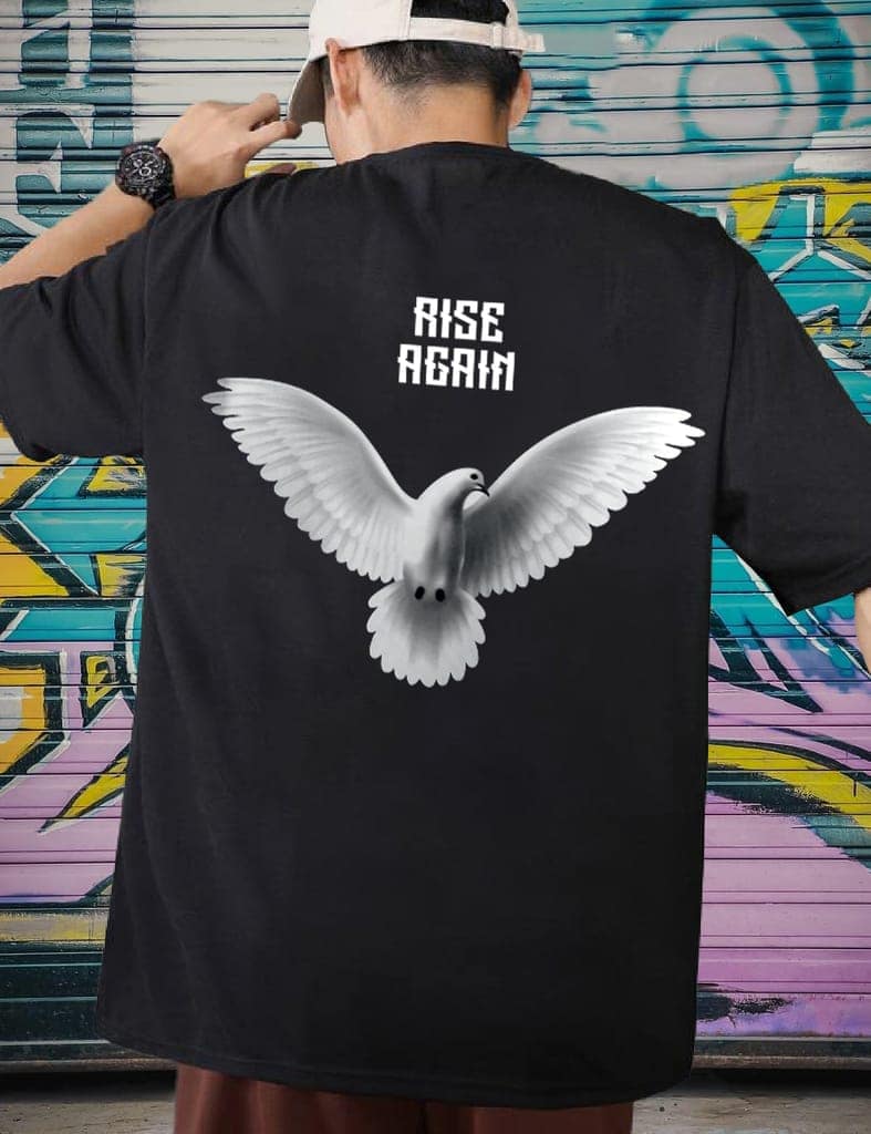 SCOTT FINCHER Black T-Shirt with a Graphic of a Dove and the Words "Rise Again" : AA(ARN)BLACK_262