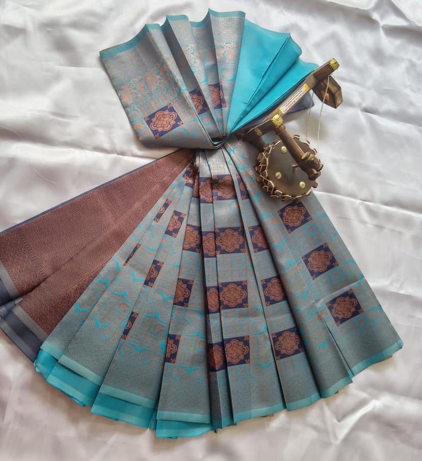 Kubera Silk Cottton Saree with Blouse Sky blue colour view 2