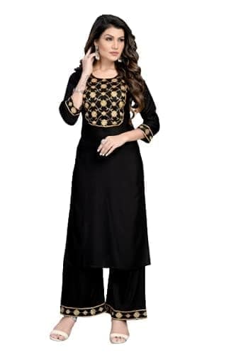 Buy & Try Women's Rayon Kurta Plazzo Set with Aari Work, Straight Kurti Set with Plazzo for Girls, Diwali, Festival Puja.