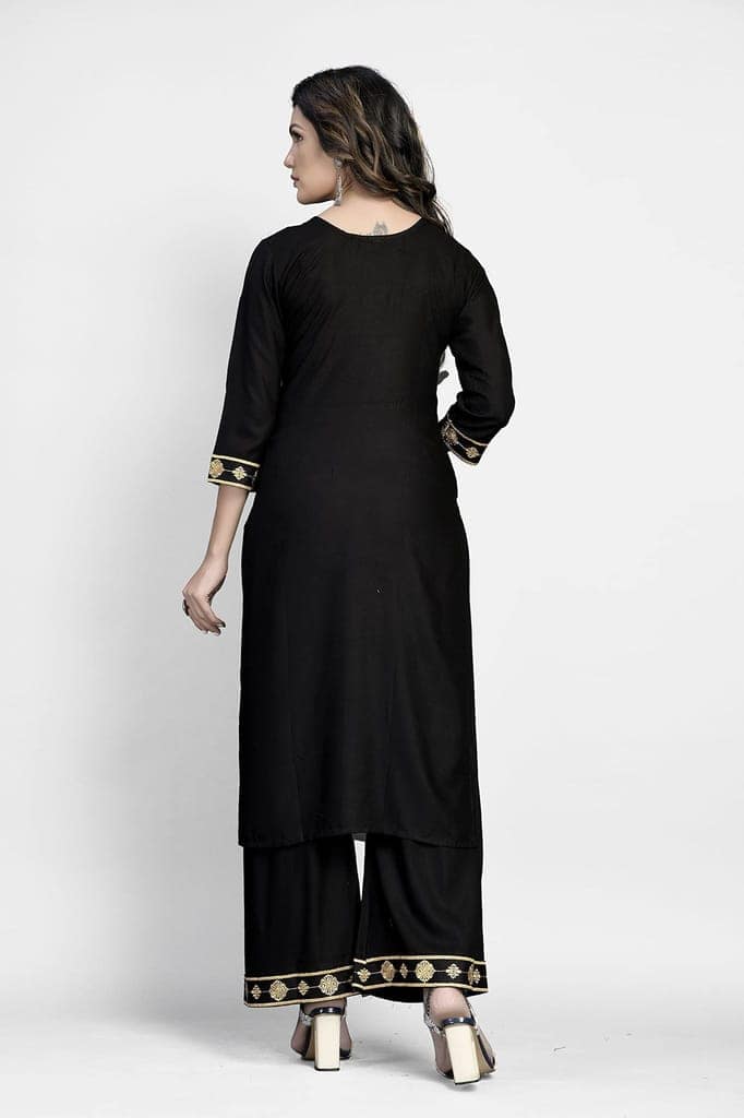 Buy & Try Women's Rayon Kurta Plazzo Set with Aari Work, Straight Kurti Set with Plazzo for Girls, Diwali, Festival Puja. view 3
