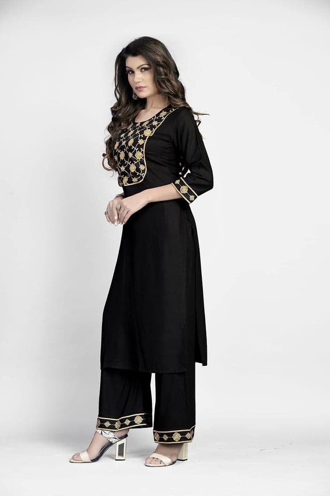 Buy & Try Women's Rayon Kurta Plazzo Set with Aari Work, Straight Kurti Set with Plazzo for Girls, Diwali, Festival Puja. view 4