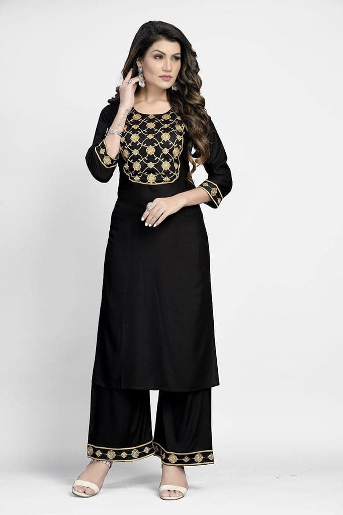 Buy & Try Women's Rayon Kurta Plazzo Set with Aari Work, Straight Kurti Set with Plazzo for Girls, Diwali, Festival Puja. view 7