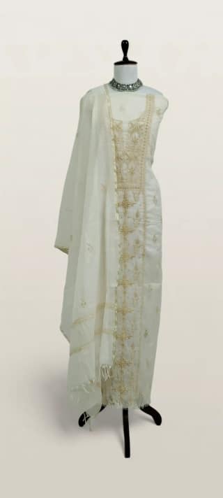 Chikankari Mul Chanderi Dress Material Ivory Gold Yoke Jaal