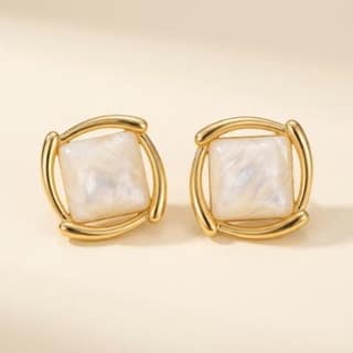 Gold-Rimmed Faux Pearl Square Studs - Ivory/Pearl | Gold-Tone Anti-Tarnish Imitation Jewellery