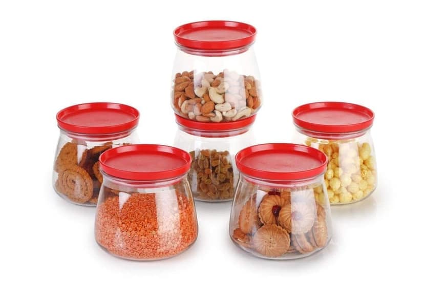 HAPPI Multipurpose Unbreakable Plastic Transparent Airtight Matuki Shape Matka Jar Masala Container Dabba For Kitchen Spice, Cereal, Dry Fruits Storage Box 900 ML (Multicolor- Set of 6 Pcs)