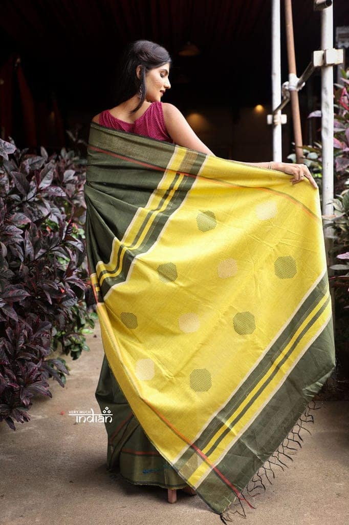 Utsaav ~ Raw Dupion Silk saree in Dark Olive Green and Pastel Yellow view 2